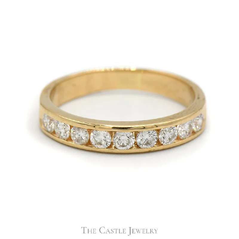 Beautiful Custom Ring-3/4cttw Channel Set 9 Round Diamond Band in 14k Yellow Gold - Size 8