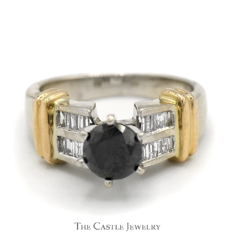 Fashionable Gold Engagement Ring-Black Diamond Ring with Baguette Diamond Accents in 14k White Gold Setting with Yellow Gold Bar Accents