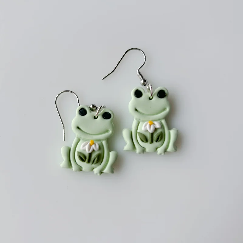 Simple Silver Earrings-PALE GREEN DAISY FROG EARRINGS