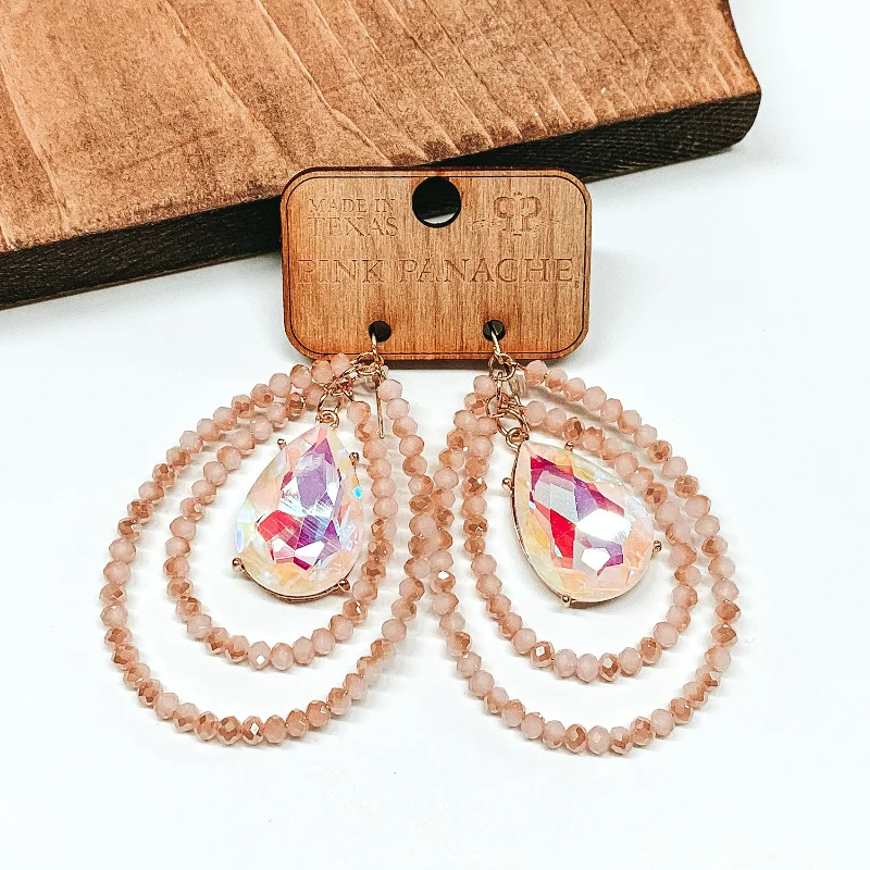 Chic Bridal Earrings-Pink Panache | Blush Crystal Layered Beaded Teardrop Earrings with White Opal AB Teardrop Crystal