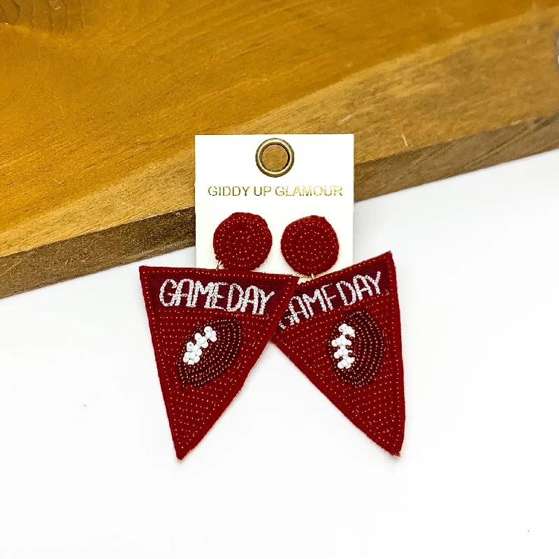 High-End Wedding Earrings-Gameday Beaded Flag Earrings in Maroon