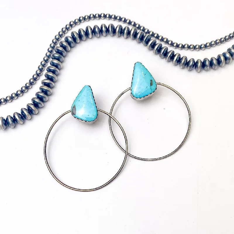 Geometric Drop Earrings-Elouise Kee | Navajo Handmade Sterling Silver Hoop Earrings on Blue Stones