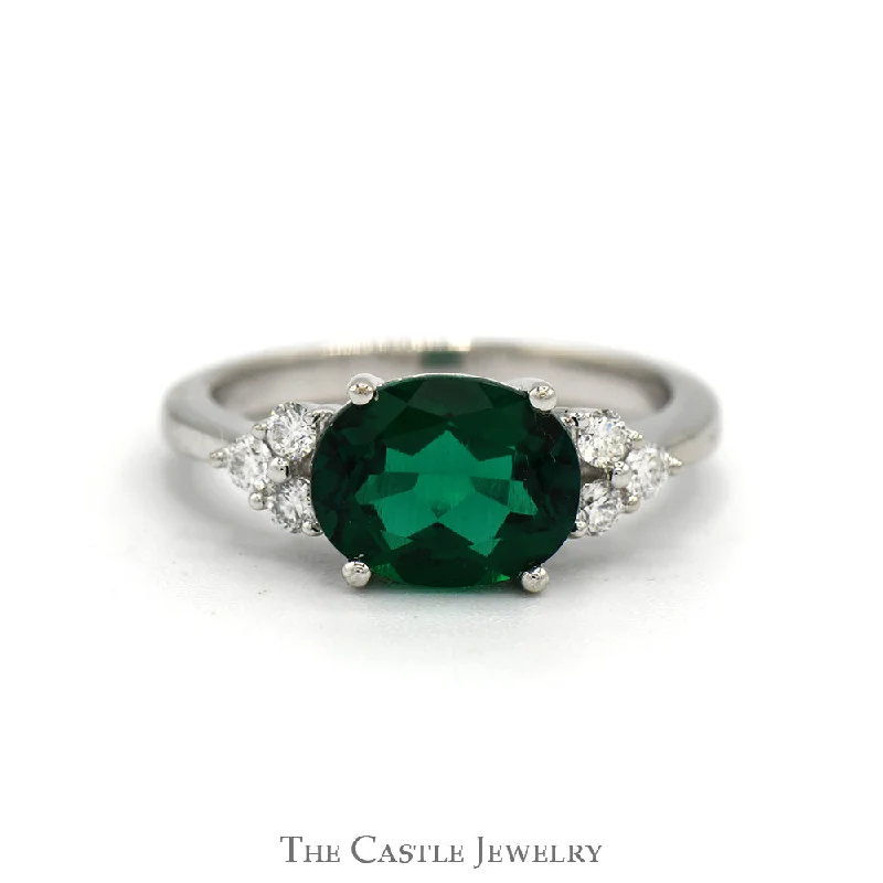 Men's Engagement Ring-Side Set Oval Cut Lab Created Emerald Ring with Diamond Accents in 14k White Gold