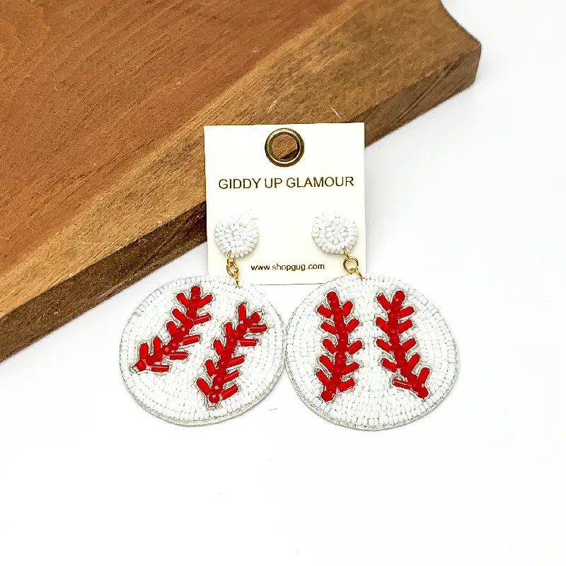 Dazzling Drop Earrings-Baseball Circular Beaded Earrings in White and Red