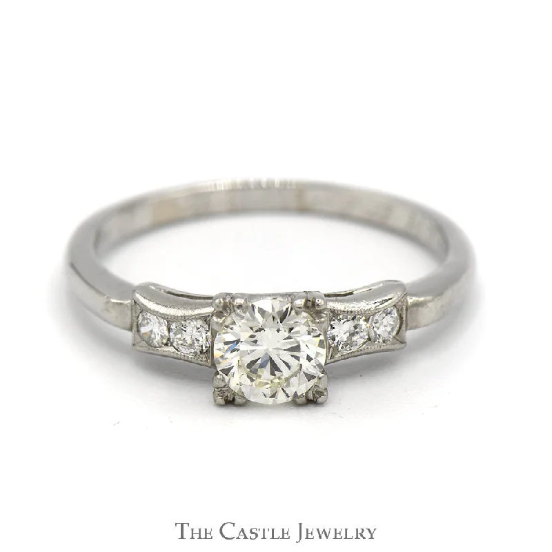 Birthstone Wedding Ring-Vintage Round Transitional Cut Diamond Engagement Ring with Diamond Accents in Platinum