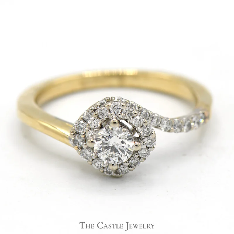 Sparkling Gold Engagement Ring-1/2cttw Bypass Diamond Solitaire Ring with Diamond Halo and Accents in 14k Yellow Gold