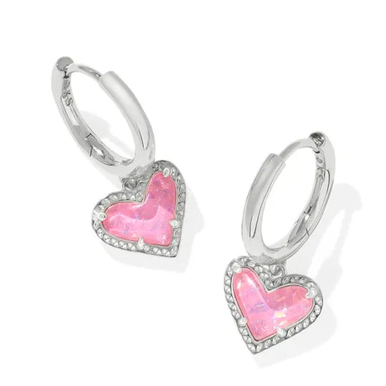 Party Earrings for Bridesmaids-Kendra Scott | Ari Heart Silver Huggie Earrings in Pink Iridescent Glitter Glass