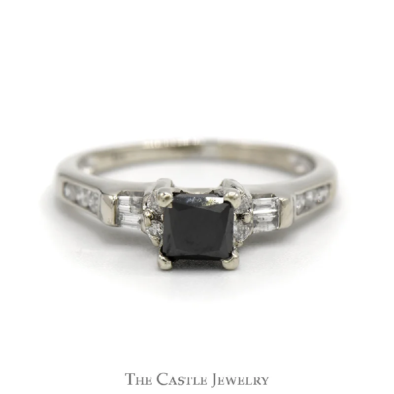 Handmade Wedding Ring-Princess Cut Black Diamond Engagement Ring with Round & Baguette Diamond Accents in 14k White Gold