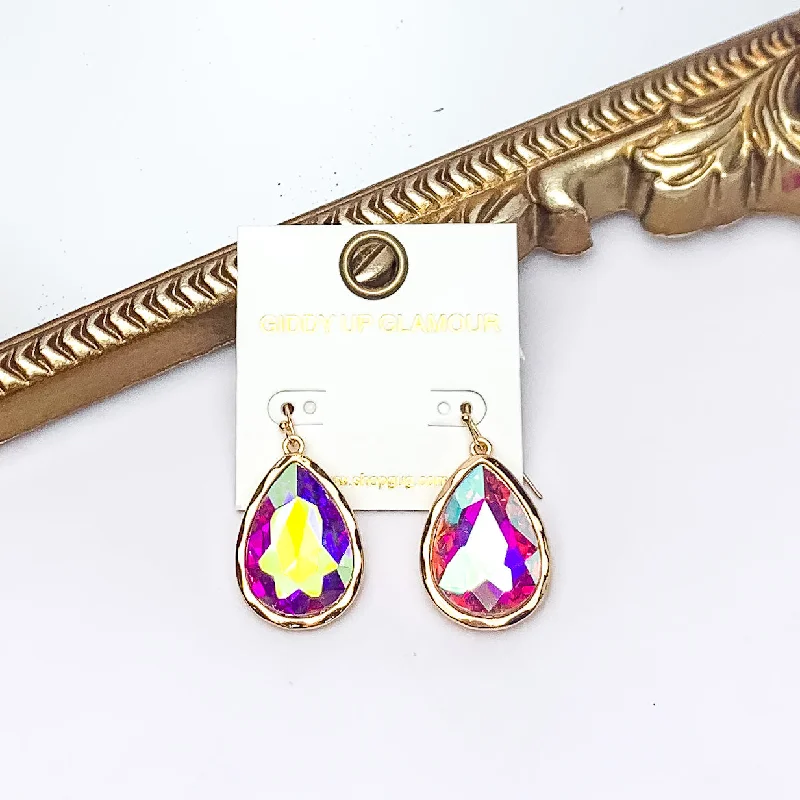 Dazzling Drop Earrings-Gold Tone Large Teardrop Earrings With AB Crystals