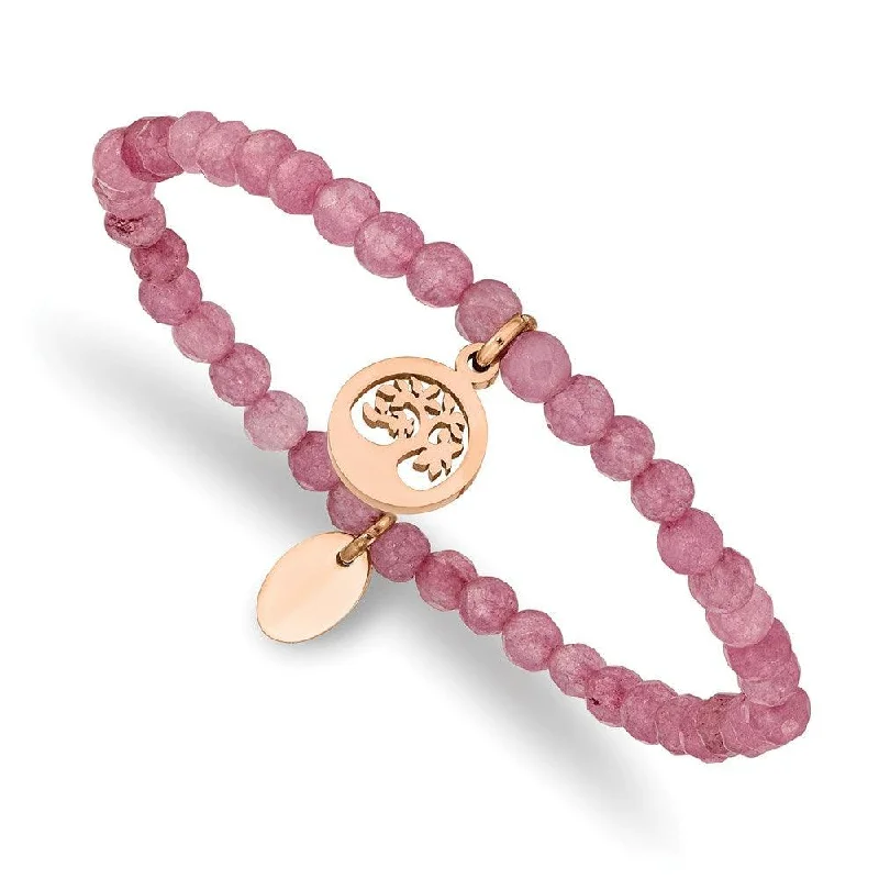 Classic Tennis Bracelet for Weddings-Stainless Steel Polished Rose IP Tree Pink Jade Beaded Stretch Bracelet