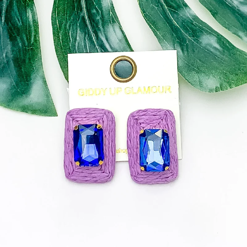 Hoop Earrings with Gemstones-Truly Tropical Raffia Rectangle Earrings in Purple With Blue Crystal