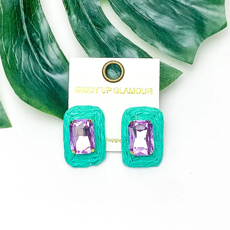 Elegant Drop Earrings-Truly Tropical Raffia Rectangle Earrings in Turquoise Green With Purple Crystal