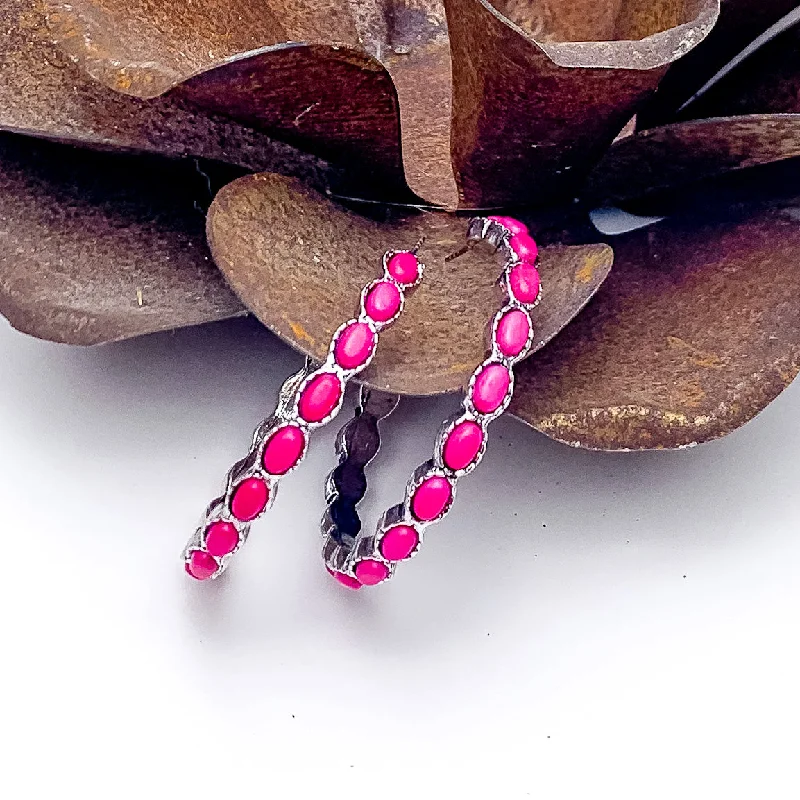 Gold Earrings for Teens-Silver Hoop Earrings with Fuchsia Pink Stones