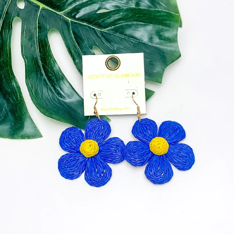 Silver Dangle Earrings-Darling Daisy Raffia Wrapped Flower Earrings in Blue