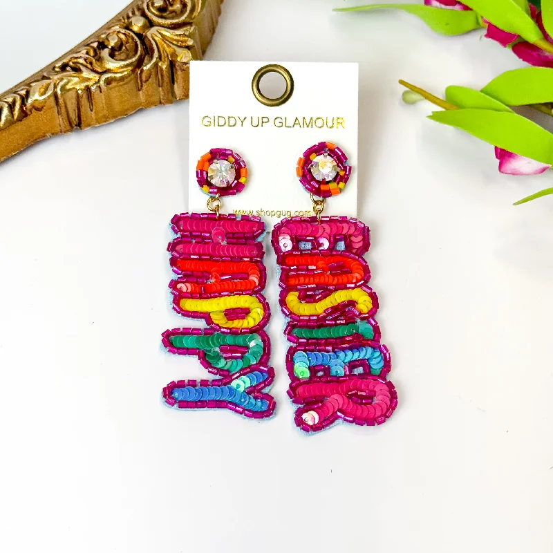 Statement Earrings for Weddings-Happy Easter Pink Outline Beaded Earrings in Pink, Orange, Yellow, Green and Blue