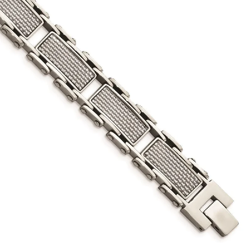 Sterling Silver Bracelet for Women-Stainless Steel Grey Carbon Fiber Inlay Polished Bracelet