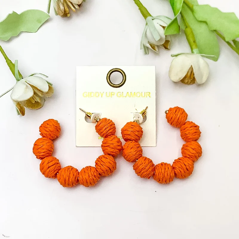 Sterling Silver Earrings for Women-Sorbet Summer Raffia Ball Hoop Earrings in Orange