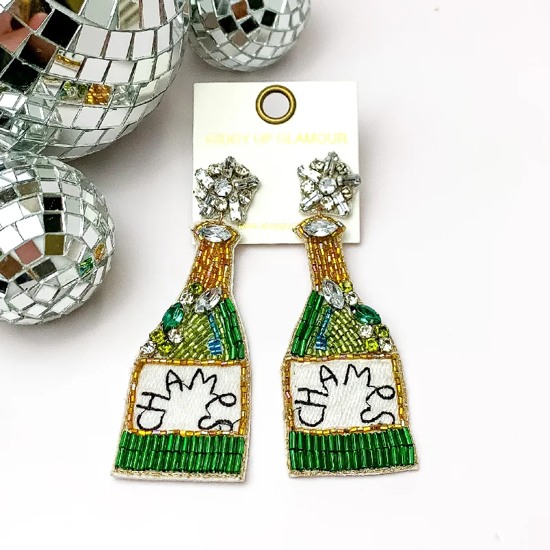 Statement Earrings for Weddings-Festive Jeweled and Beaded Champagne Bottle Earrings