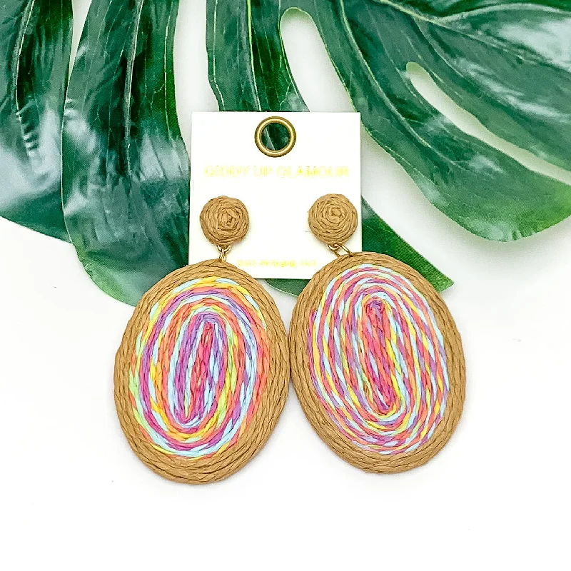 Round Hoop Earrings-Brunch Bash Raffia Wrapped Oval Earrings in Multicolor