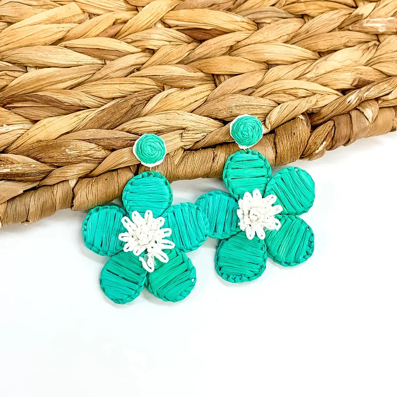 Black Diamond Earrings-Oopsie Daisy Raffia Wrapped Flower Earrings in Turquoise