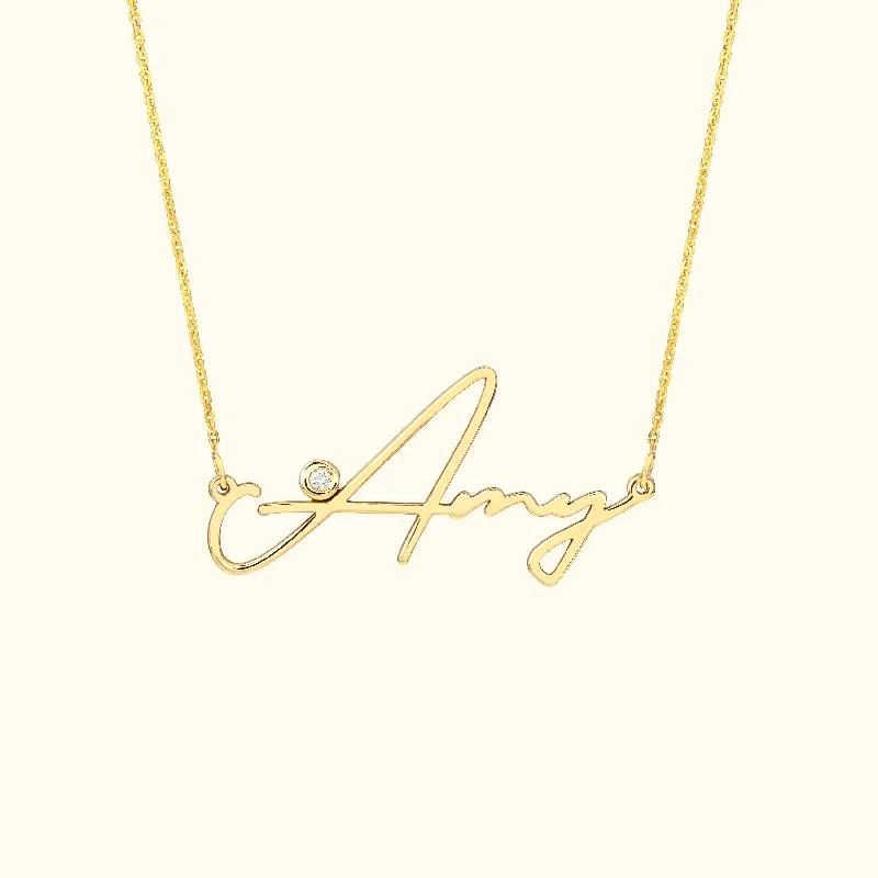 Custom Initial Necklace-Signature Diamond Bezel Nameplate Necklace