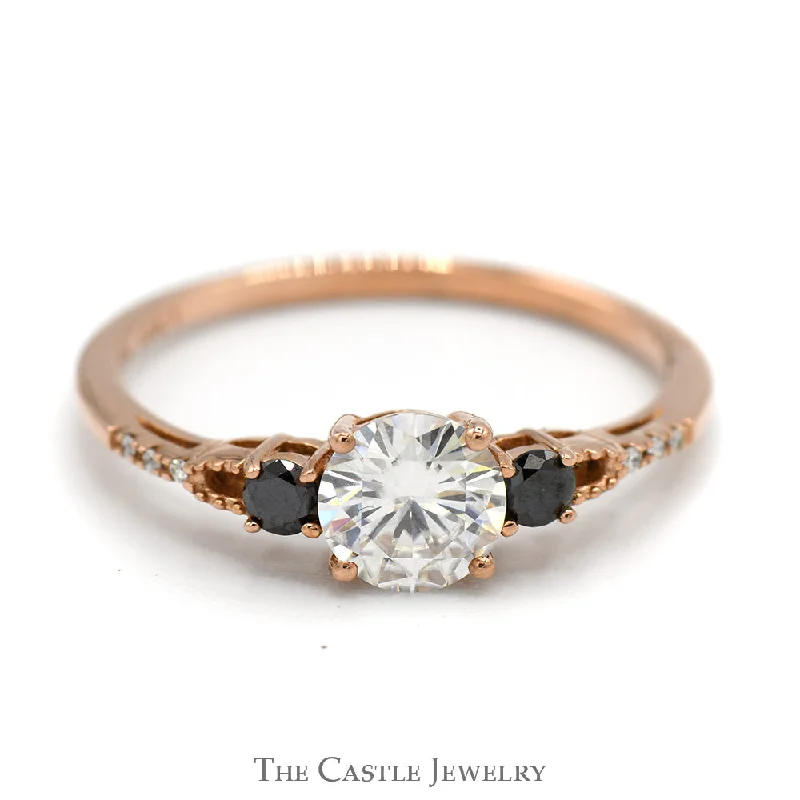 Wedding Band for Bride-Moissanite Solitaire Ring with Black and White Diamond Accents in 10k Rose Gold