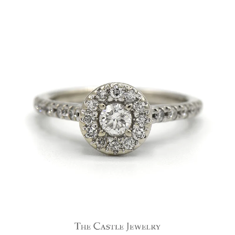 Trendy Wedding Rings-1/2cttw Round Diamond Engagement Ring with Diamond Halo and Accented Sides in 14k White Gold