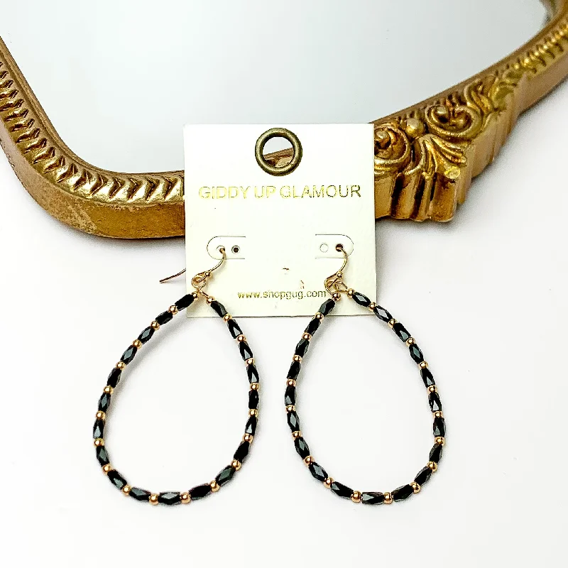 Tiny Huggie Earrings-Black Beaded Open Drop Earrings with Gold Tone Spacers