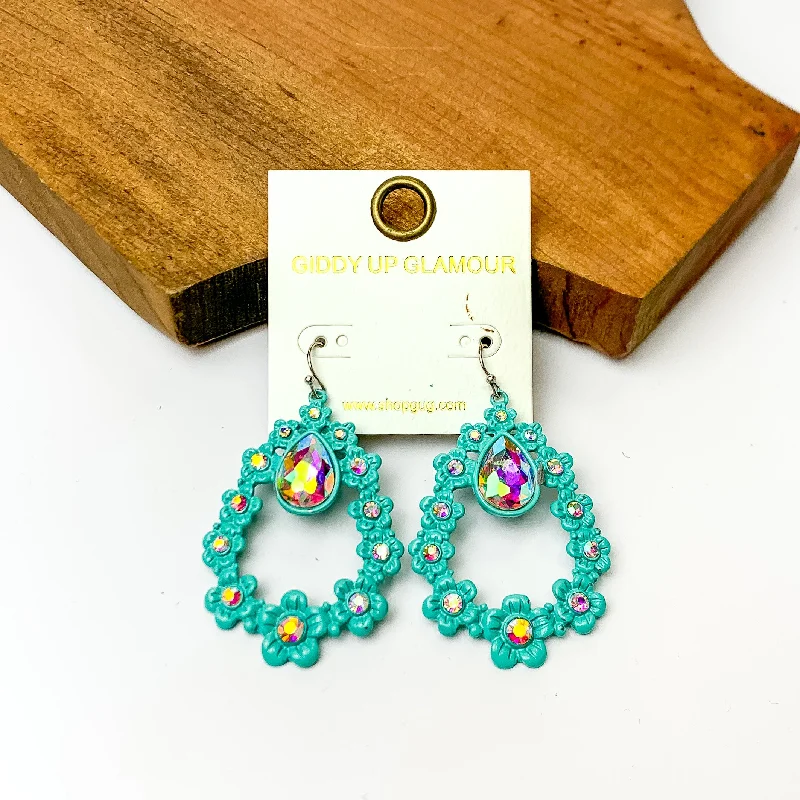 Silver Statement Earrings-Turquoise Open Drop Flower Earrings with AB Crystals