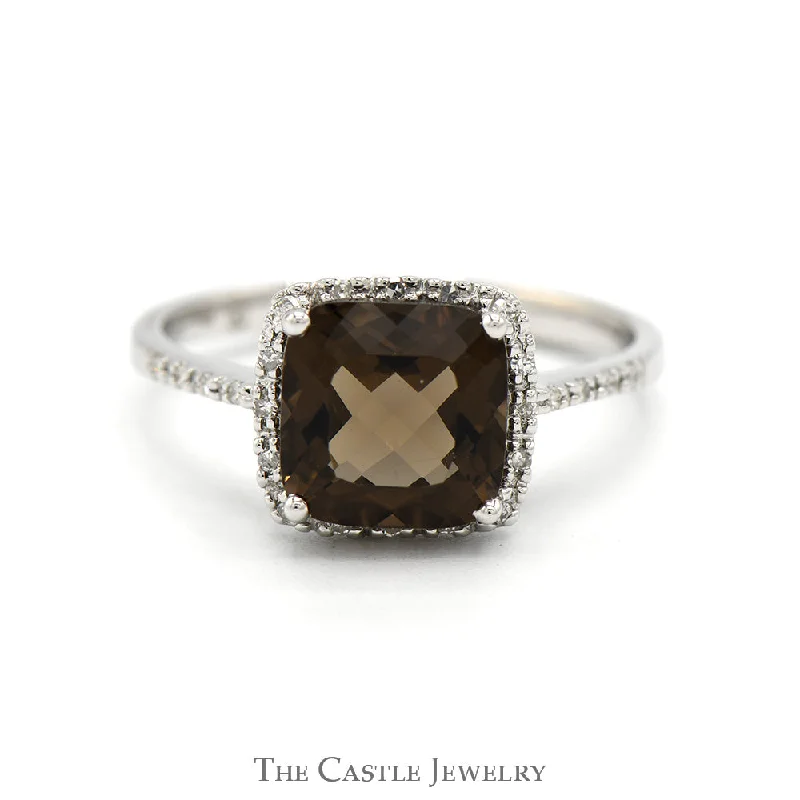 Silver Ring with Diamonds-Cushion Cut Smokey Quartz Ring with Diamond Halo and Accented Sides in 14k White Gold