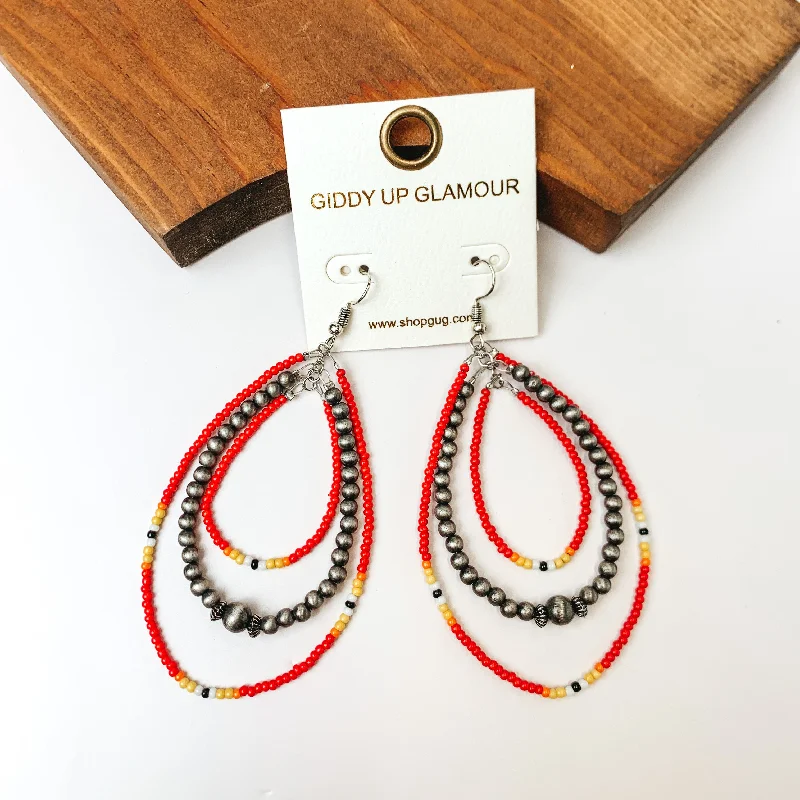 Gold Hoop Earrings-Western Style Triple Open Teardrop Earrings In Silver Tone and Red