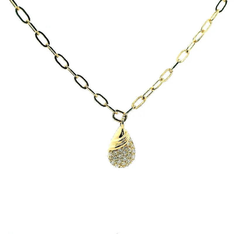 Statement Necklace for Weddings-14K Yellow Gold 0.47cttw. Diamond Pavé Pear Pendant Oval Link Necklace