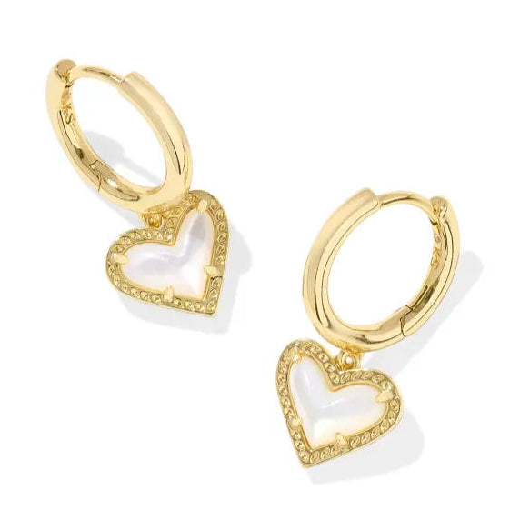 Birthstone Earrings for December-Kendra Scott | Ari Heart Gold Huggie Earrings in Ivory Mother-Of-Pearl