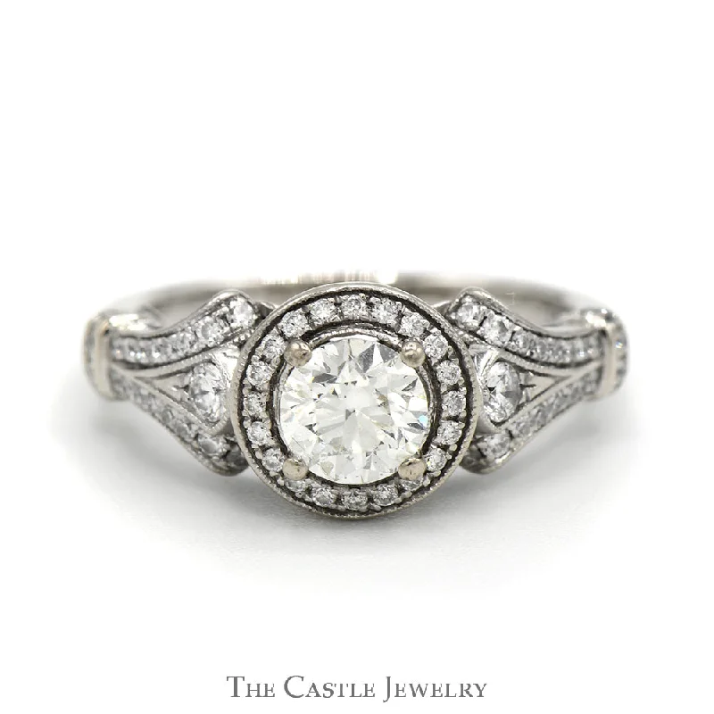 Custom Wedding Ring Set-Gabriel & Co. 1.17cttw Round Diamond Engagement Ring with Diamond Halo & Accents in 14k White Gold