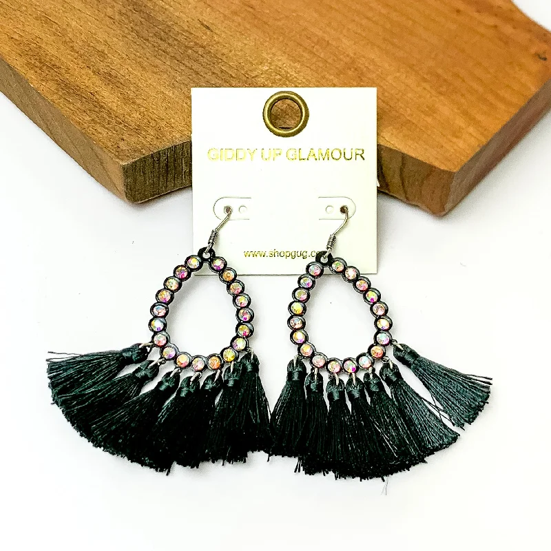 Pearl Hoop Earrings-AB Crystal Open Teardrop Earrings with Tassel Trim in Black