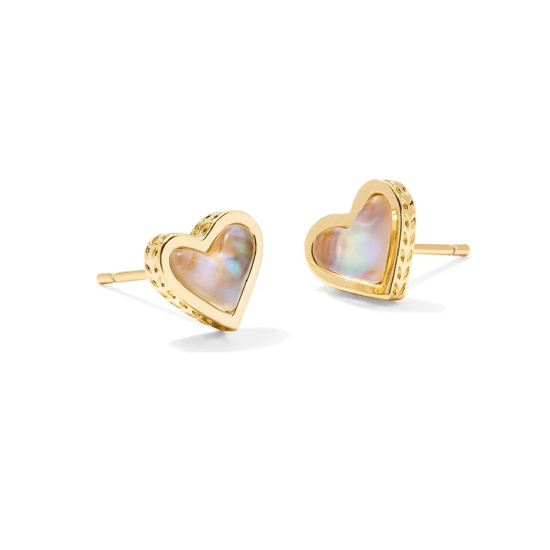 Simple Hoop Earrings-Kendra Scott | Framed Ari Heart Gold Stud Earrings in Iridescent Abalone