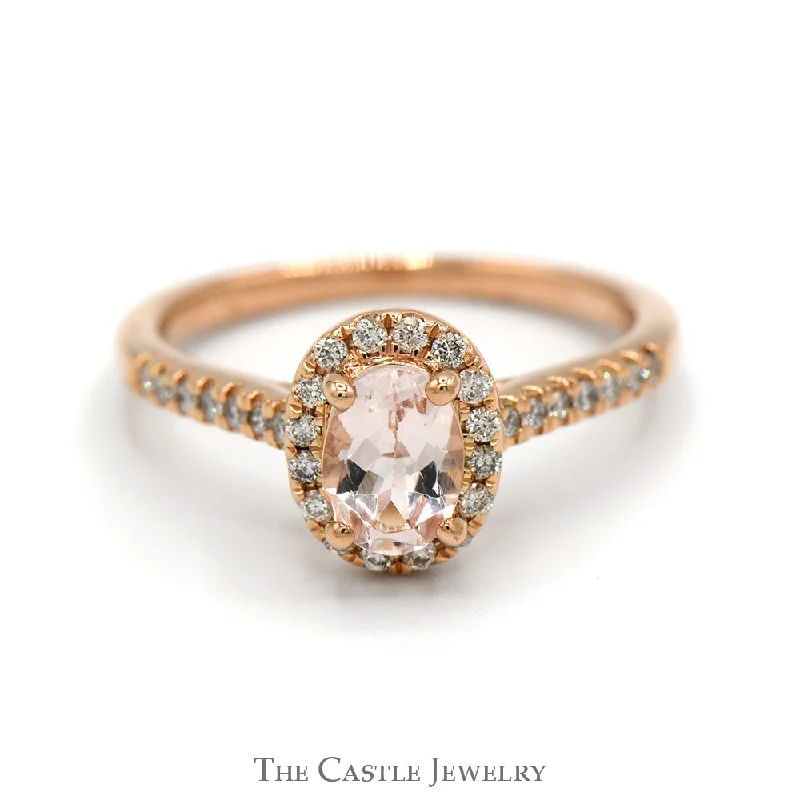 Trendy Stackable Rings-Oval Morganite Ring with Diamond Halo and Accented Sides in 14k Rose Gold