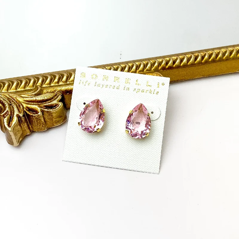 Dazzling Gold Earrings-Sorrelli | Eileen Stud Earrings in Bright Gold Tone and Pink Pineapple Crystals