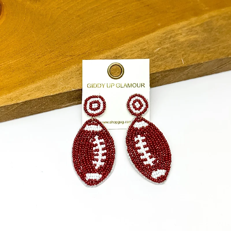 Small Dangle Earrings-Football Post Beaded Earrings in Brown and White