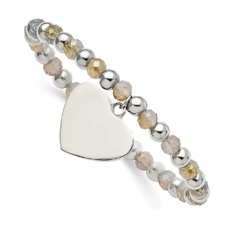 Fashionable Gold Link Bracelet-Stainless Steel Polished with Glass Beads Heart Dangle Stretch Bracelet