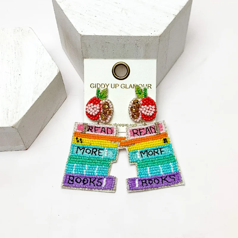 Classic Gold Stud Earrings-"Read More Books" Multicolor Beaded Earrings With Apple Posts