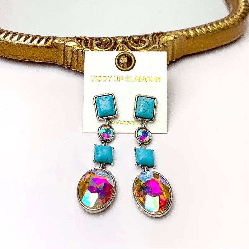 Antique Style Earrings-4 Tier Rectangle Post Faux Turquoise and AB Crystal Dangle Earrings