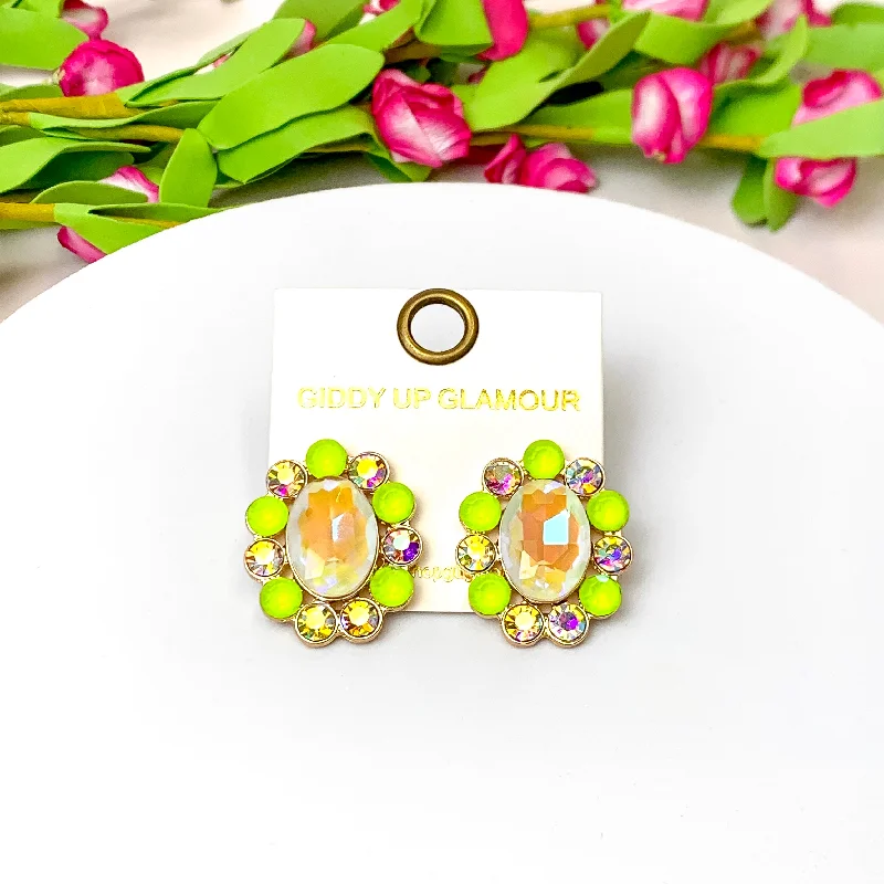 Classic Stud Earrings-Elegant Echoes Gold Tone Oval Concho Stud Earrings in Chartreuse Green and Ivory