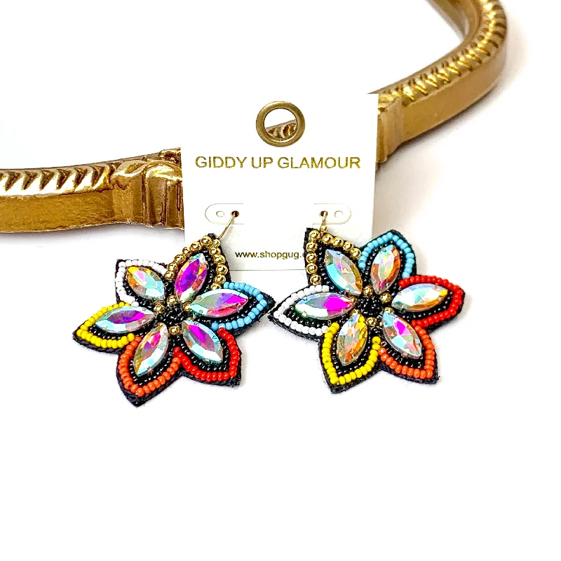 Fashionable Stud Earrings-Desert Daisy Multicolored Flower Shaped Earrings with AB Crystal Accents in Black