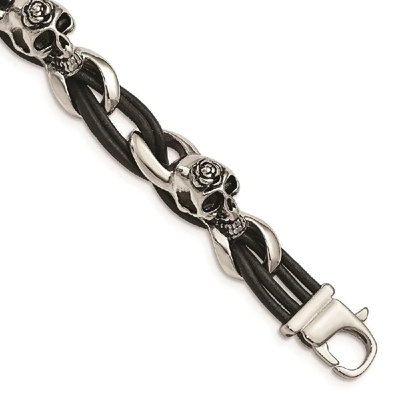 Trendy Friendship Bracelet-Stainless Steel Polished Skulls/Roses Black Leather Bracelet