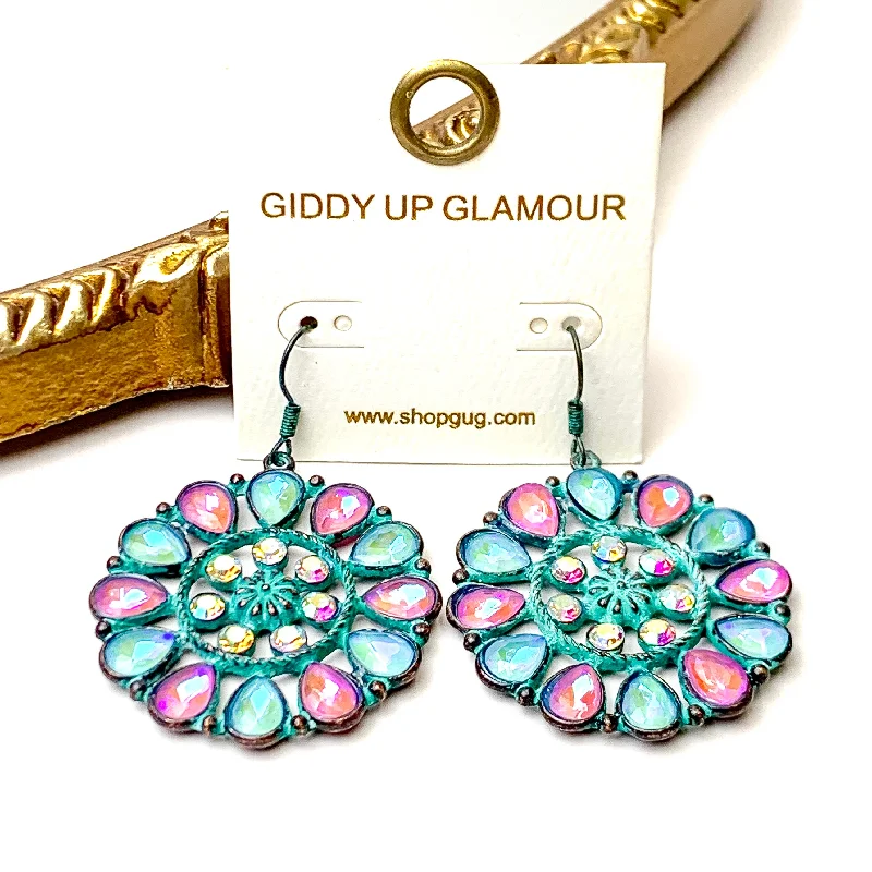 Swarovski Crystal Earrings-Desert Daisy Patina Tone Flower Concho Drop Earrings in Pink and Turquoise