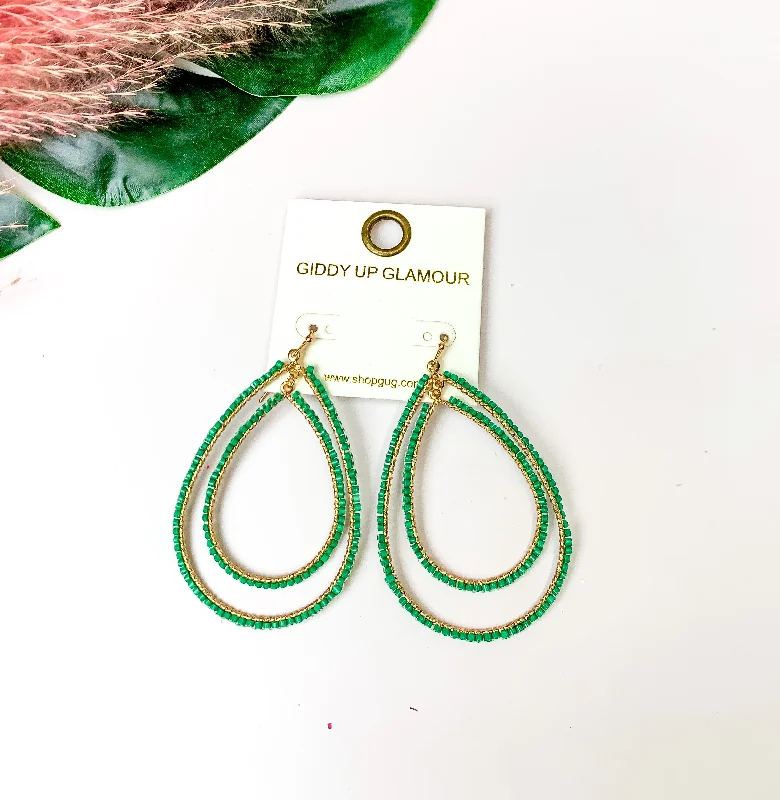 Crystal Earrings for Women-Double Open Teardrop Gold Tone Earrings with Beaded Outline in Green