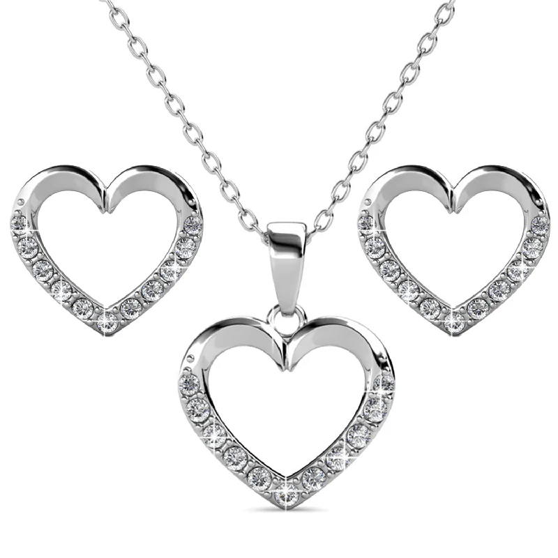 Silver Necklace with Crystal-Chelsea 18k White Gold Plated Silver Heart Necklace and Earring Set with Swarovski Crystals