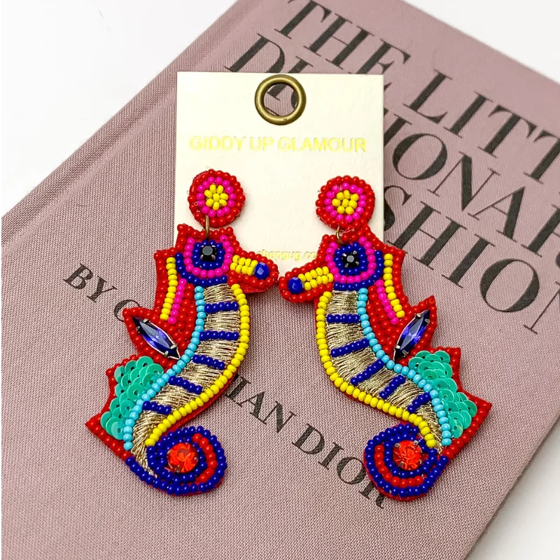 Luxury Diamond Earrings-Multi Color Beaded Seahorse Earrings