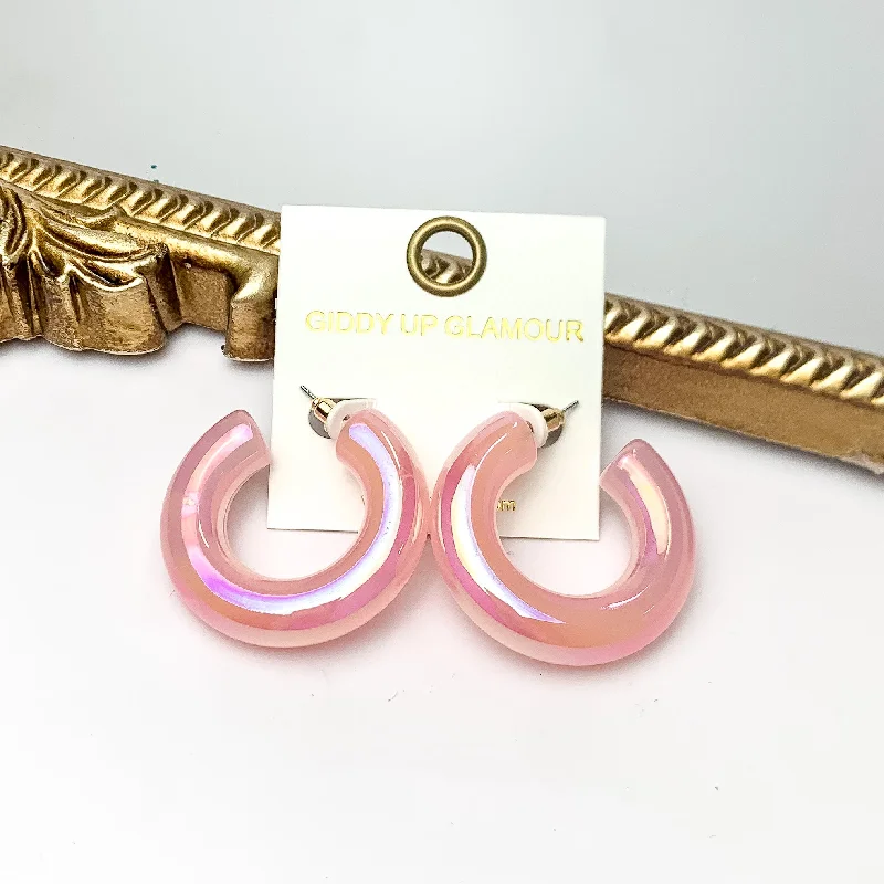 Tiny Huggie Earrings-Rainbow Hour Iridescent Chunky Hoop Earrings in Pink